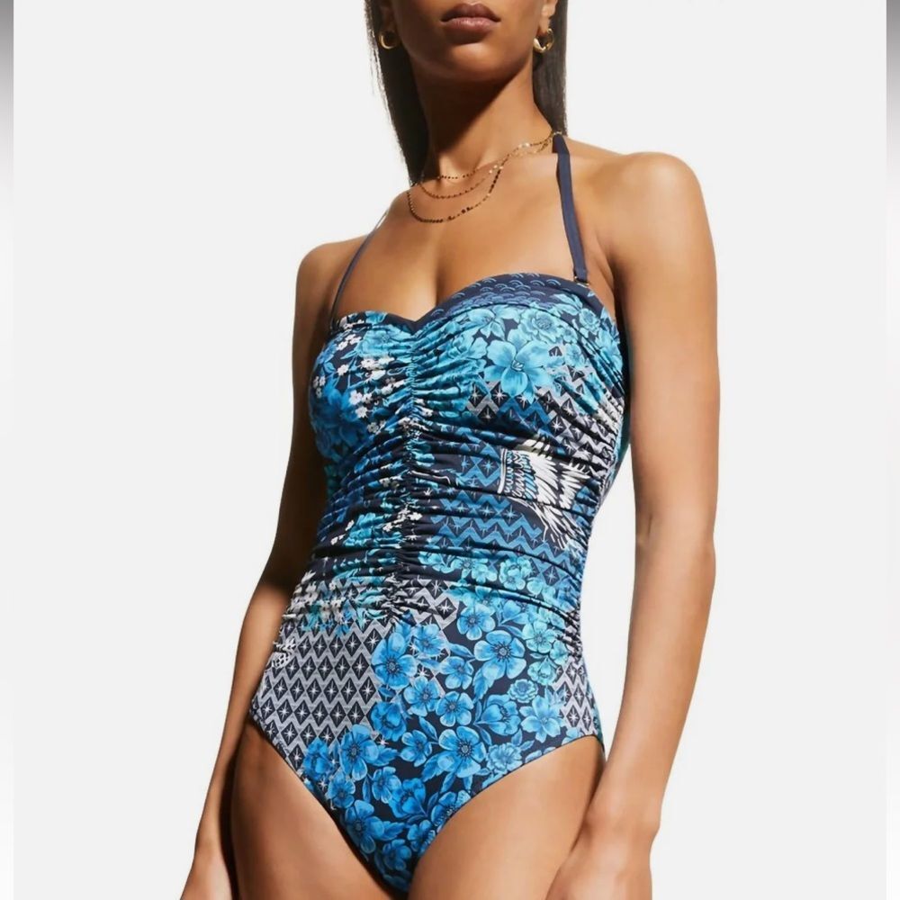 New Johnny was sweetheart ruched blue crane one piece swimsuit